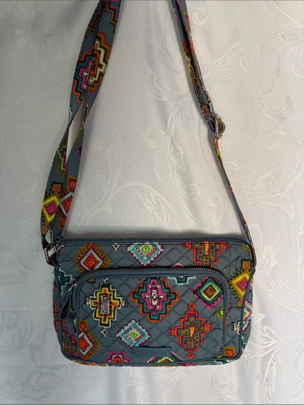Vera Bradley Gray Quilted Crossbody with Multicolor Aztec Pattern